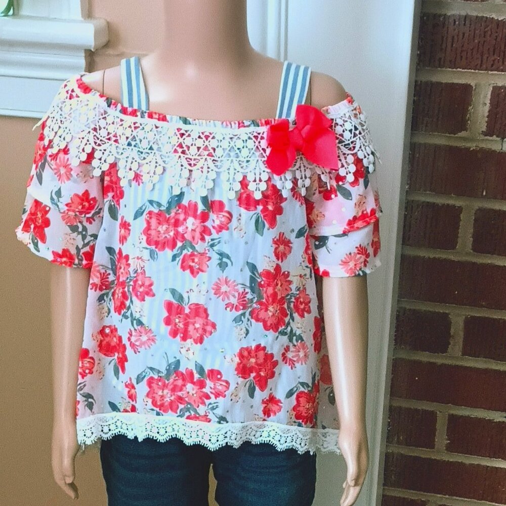 Girls Sheer Floral Stripe Top 4T Off the Shoulder with Lace Collar Layered